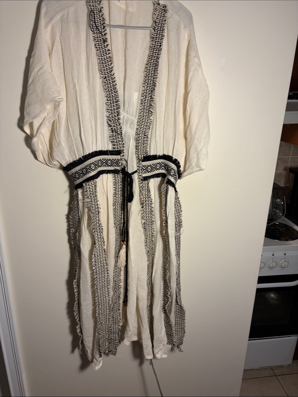 Bohemian Textured Open-Front Midi Dress with Black Trim
